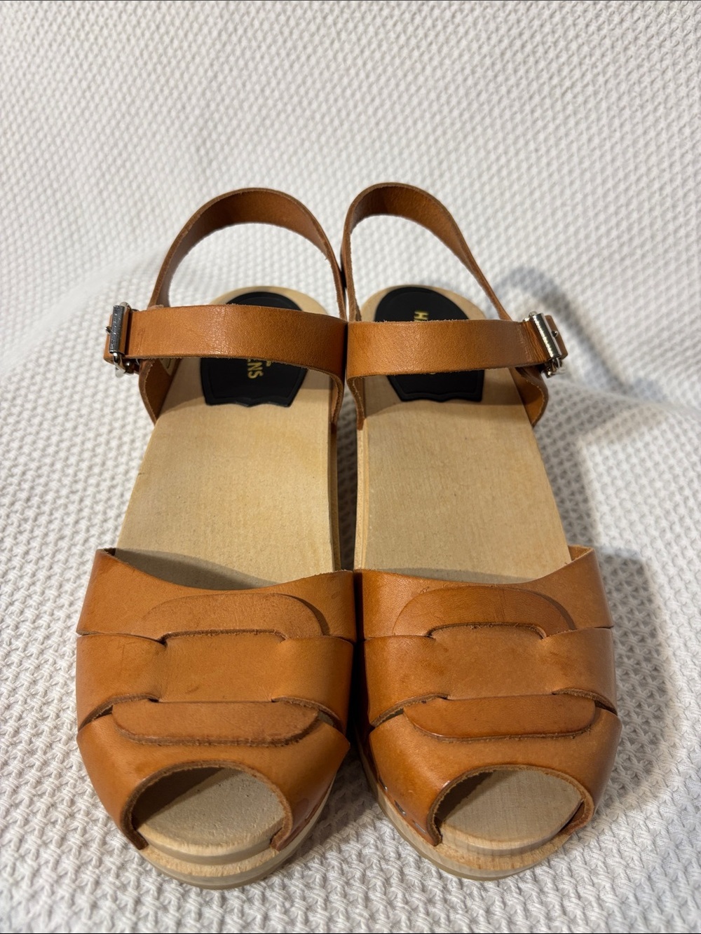 Swedish Hasbeens Sz 38 Cognac Leather Peep-Toe Ankle Strap Sandals Silver Buckle